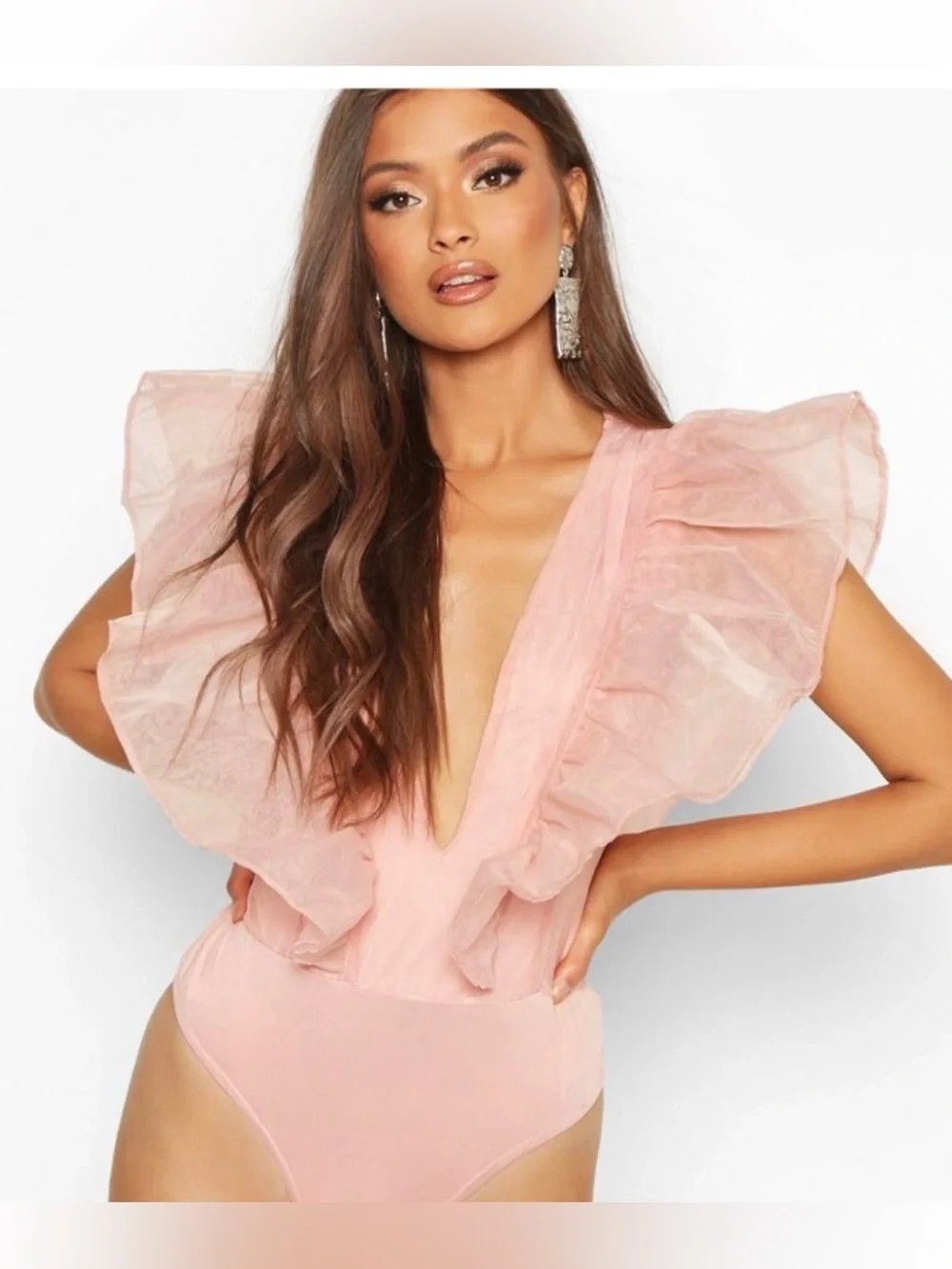 Intimately Free People Pink Ruffle V-Neck Bodysuit NWT Size L - Picture 2 of 5